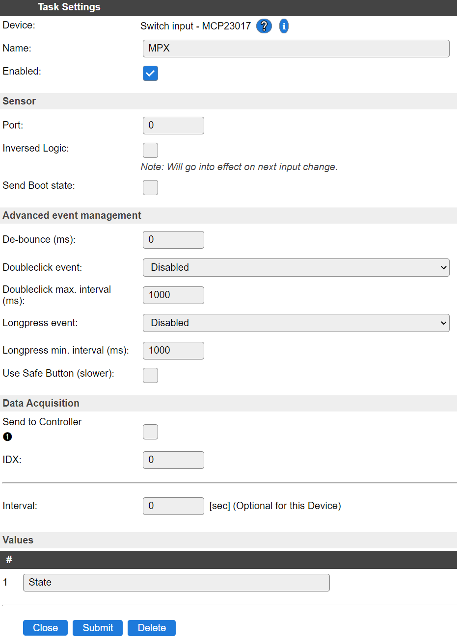 ESP Easy MCP 23017 Settings